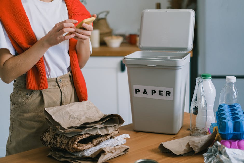 A person standing at a kitchen table sorting recyclable paper waste, with a white plastic container labeled 'PAPER' nearby for disposal. The table holds crumpled paper and paper bags, alongside various plastic bottles, including a plastic milk bottle and a clear glass bottle. A blue egg carton and some packaging materials are also visible on the table. The background features a modern kitchen environment with a blurred view of kitchen cupboards and bowls, indicating a domestic setting. This scene reflects home decluttering and small-scale packing during a house move, emphasizing the importance of proper waste separation, a key aspect of packing and moving logistics associated with professional removals services like those provided by Man with Van Palmers Green.